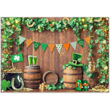 Wooden Green Lucky Shamrock Pot Hat Gold Backdrop 7x5ft