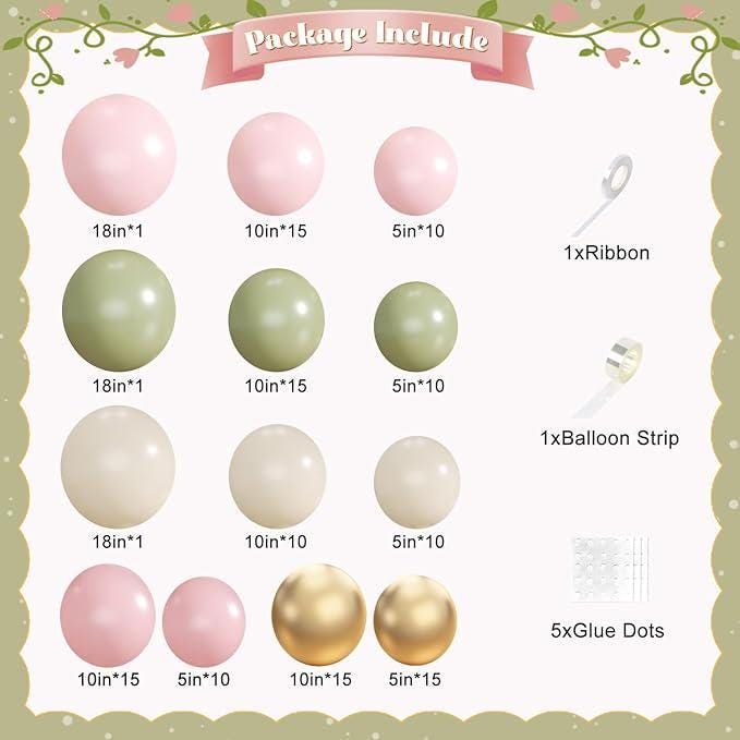Sage Green Pink Gold Balloon Arch Kit for Boho Baby Shower Wedding Party