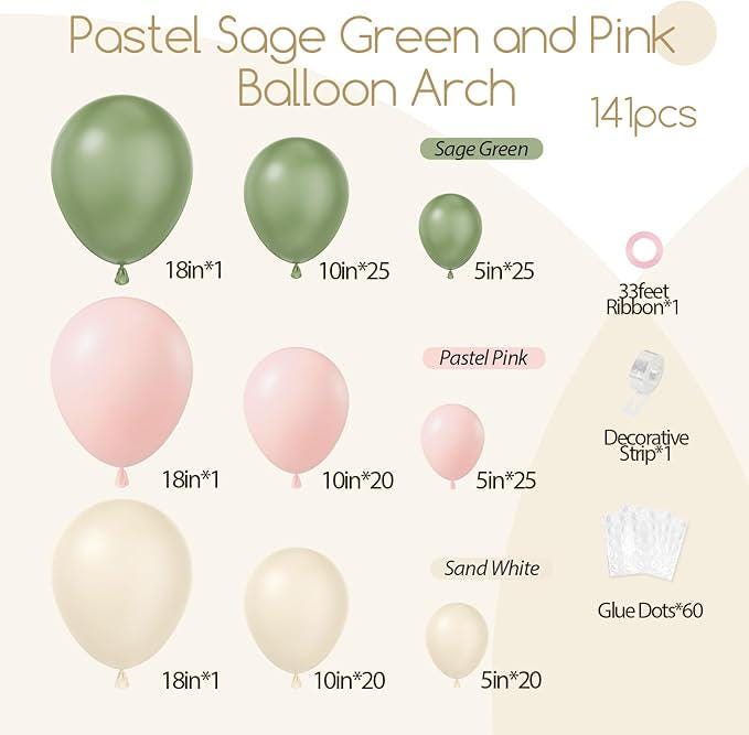 141pcs Pink Green Balloon Arch Garland Kit Pastel Baby Shower Party