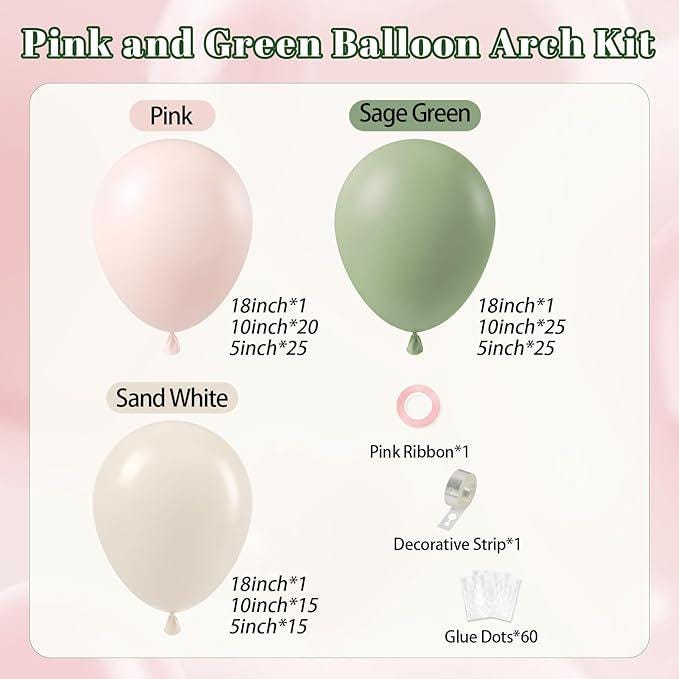 Pink Green Balloon Arch Kit Sand White Sage Baby Shower Party