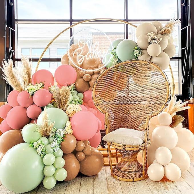 160pcs Sage Green Pink White Brown Balloon Arch Kit Boho Baby Shower Party