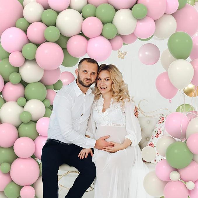 142pcs Sage Green Pink Balloon Arch Kit Olive Blush White Baby Shower Party