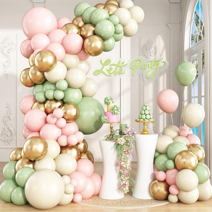Sage Green Pink Gold Balloon Arch Kit for Birthday Baby Shower Wedding