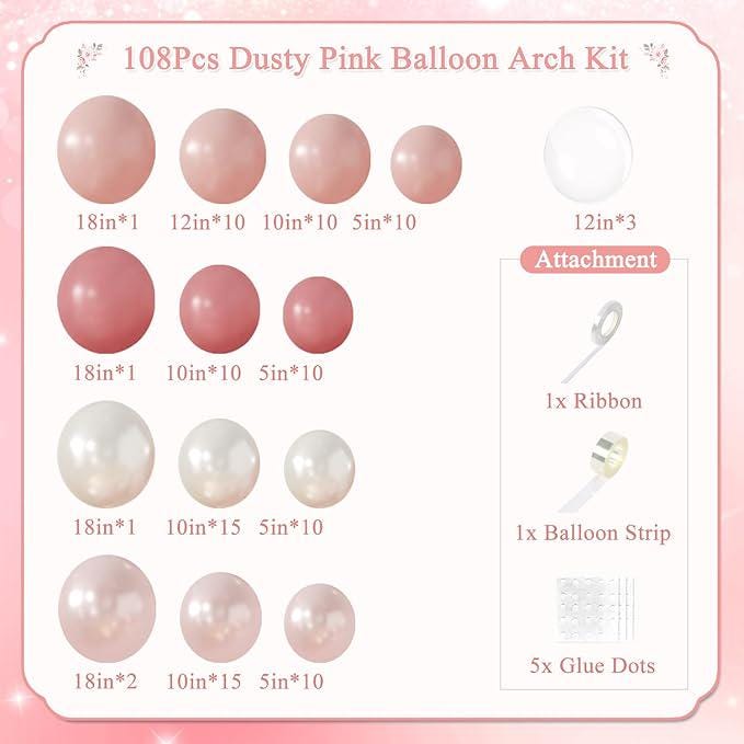 Dusty Pink Blush Balloon Arch Kit 108pcs Pearl White Baby Shower Birthday Party