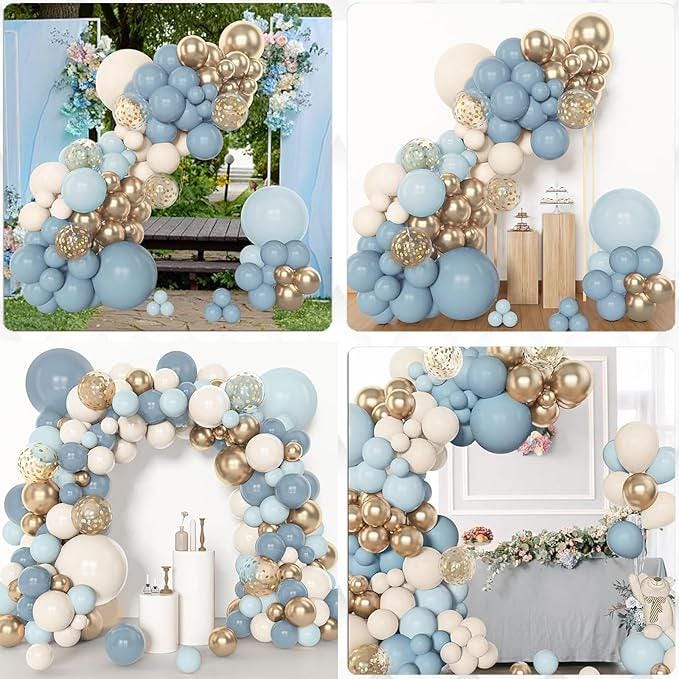 Dusty Blue Balloon Arch Kit 156pcs Mixed Sizes Blue White Gold Party Decor