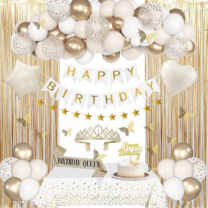 Neutral Gold Birthday Decorations Balloons Tablecloth Banner Garland Boho Party