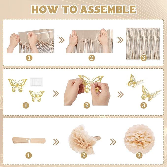 Neutral Birthday Decorations Balloons Banner Fringe Curtain Pompoms Butterfly Party