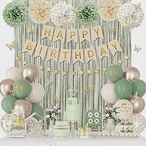 Sage Green Birthday Decorations Balloons Banner Fringe Curtain Pompoms Butterfly Party