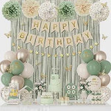 Sage Green Birthday Decorations Balloons Banner Fringe Curtain Pompoms Butterfly Party