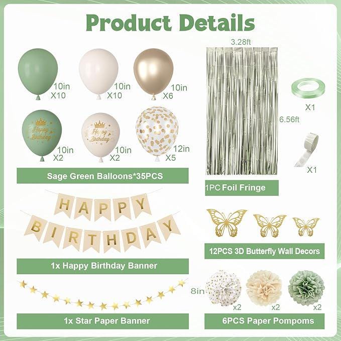 Sage Green Birthday Decorations Balloons Banner Fringe Curtain Pompoms Butterfly Party