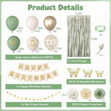 Sage Green Birthday Decorations Balloons Banner Fringe Curtain Pompoms Butterfly Party