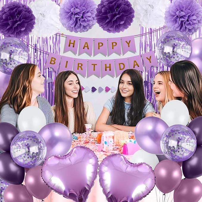 Purple Birthday Decorations Banner Balloons Fringe Curtains Pompoms Heart Garland Party