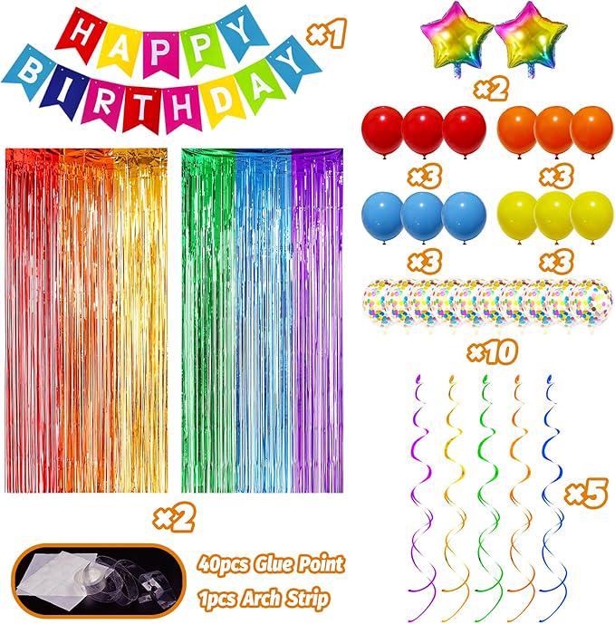 Rainbow Birthday Party Decorations Pack Banner Balloons Confetti Fringe Curtain Foil Balloons