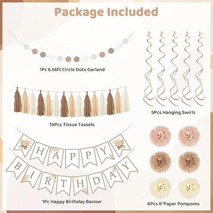 Neutral Birthday Decorations Balloons Banner Fringe Curtains Tassels Pompoms Boho Party