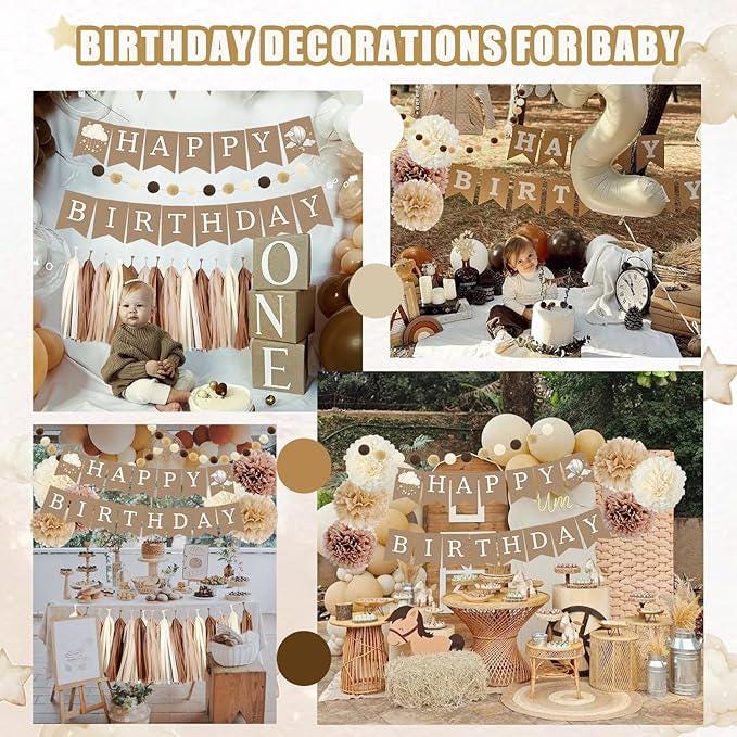 Brown Birthday Decorations Banner Balloons Felt Pompoms Tassel Garland Boho Party