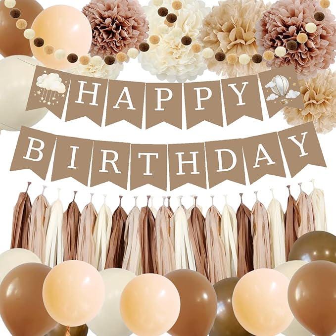 Brown Birthday Decorations Banner Balloons Felt Pompoms Tassel Garland Boho Party