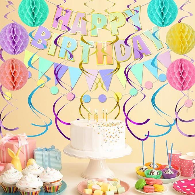 Pastel Birthday Party Decorations Kit Banner Flag Bunting Garland Swirls Honeycomb Ball Party