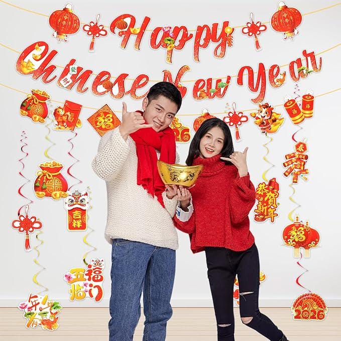 2026 Chinese New Year Banner with Swirl Hanging Decor Year of the Horse Party Supplies