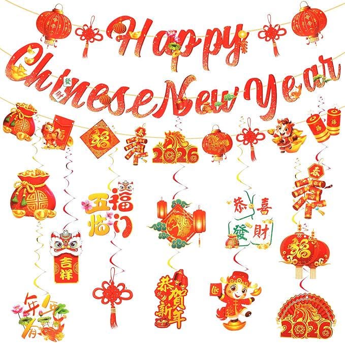 2026 Chinese New Year Banner with Swirl Hanging Decor Year of the Horse Party Supplies