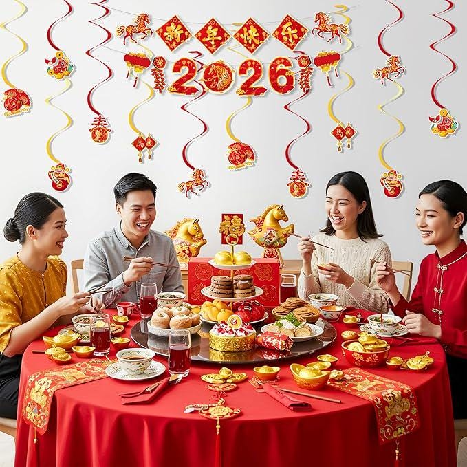 2026 Lunar New Year Decorations: Horse Banner & Hanging Swirls