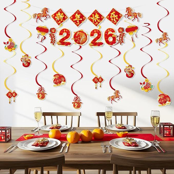 2026 Lunar New Year Decorations: Horse Banner & Hanging Swirls