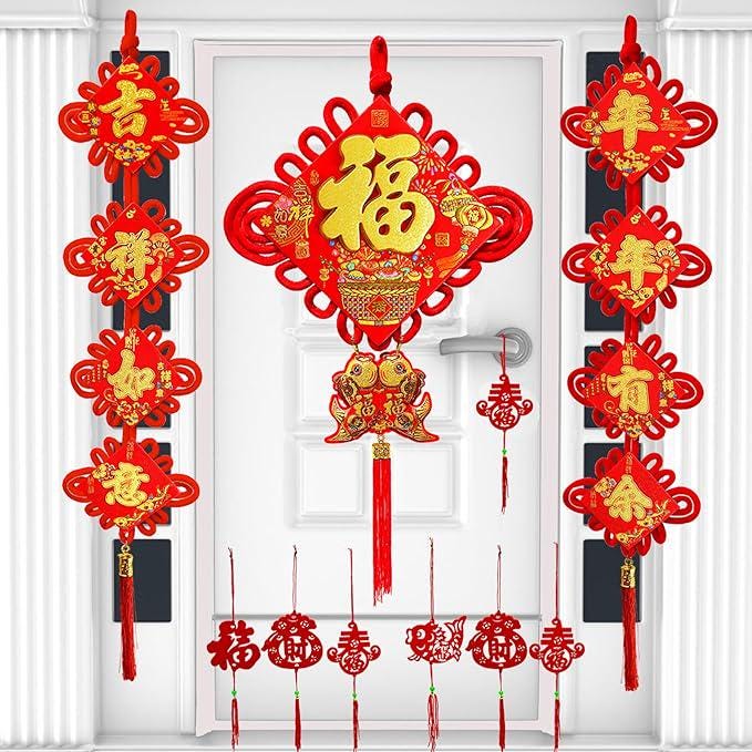 2026 Chinese New Year Decorations Red Chinese Knot Fu Character Couplets 27 PCS