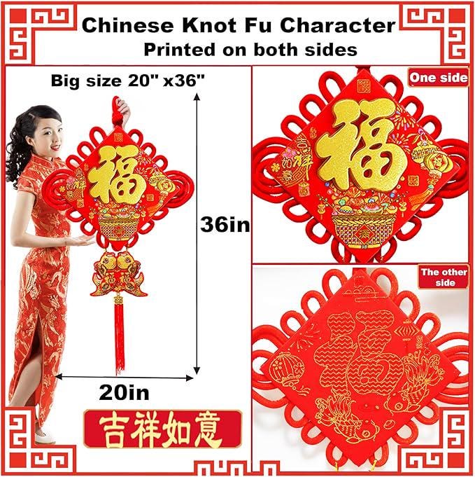 2026 Chinese New Year Decorations Red Chinese Knot Fu Character Couplets 27 PCS