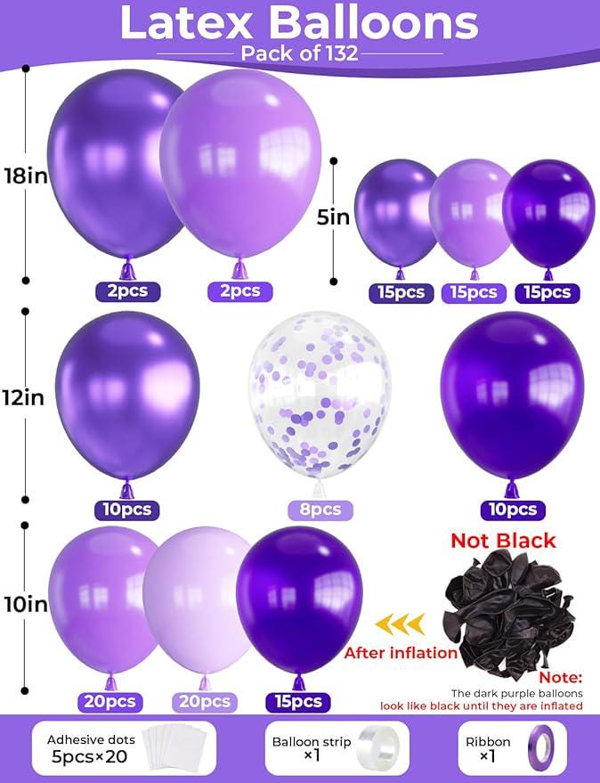 132 PCS Purple Balloons Garland Arch Kit Pastel Metallic Confetti for Party Decor