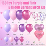 160 PCS Pink Purple Balloon Garland Arch Kit Metallic Confetti Heart Balloons
