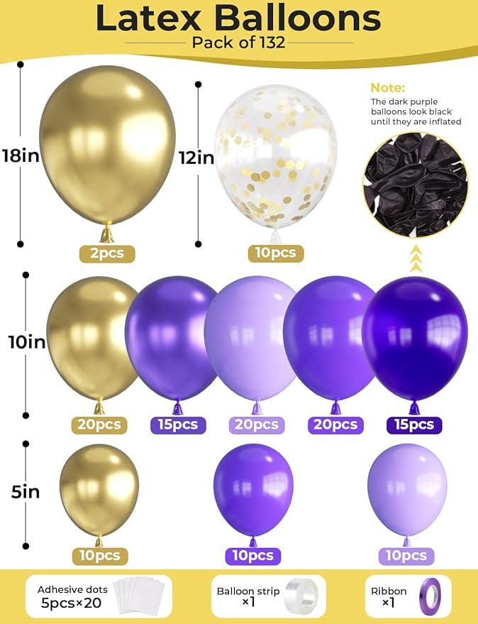 132 PCS Purple Gold Balloon Arch Kit Multi Size Confetti Balloons Party Decor
