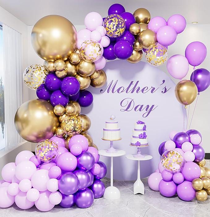 132 PCS Purple Gold Balloon Arch Kit Multi Size Confetti Balloons Party Decor