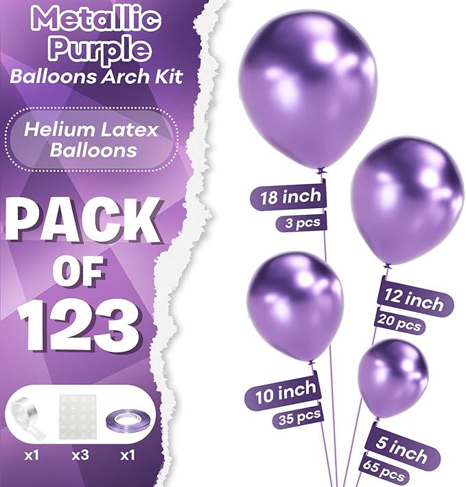 123 PCS Metallic Purple Balloons Arch Kit Multi Size Chrome Party Decorations