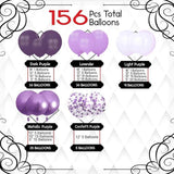 156 PCS Purple Balloon Garland Arch Kit Lavender Metallic Confetti Party Decorations