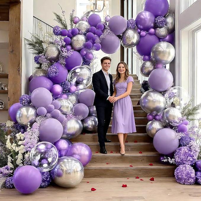 Purple Silver Balloon Arch Garland Kit with Double Stuffed and Bobo Balloons