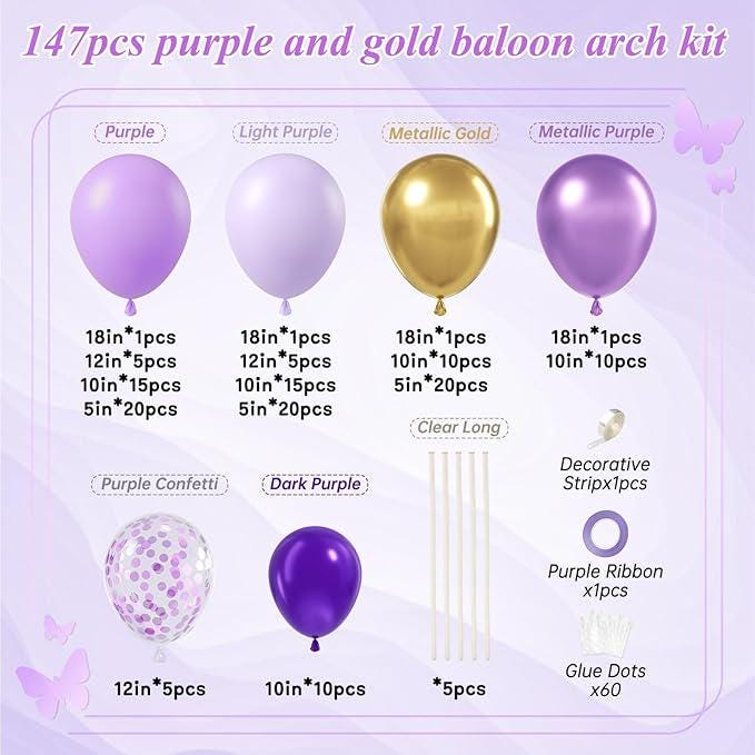147 Pcs Purple Gold Balloon Arch Kit Party Decorations for Birthday Wedding