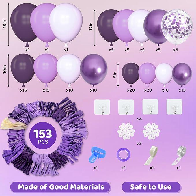 153 Pcs Purple Balloon Garland Arch Kit Lavender Metallic Confetti Balloons