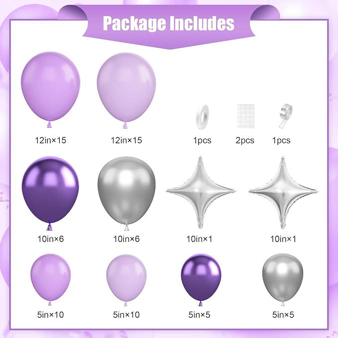 Purple Silver Balloon Arch Kit Lavender Lilac Metallic Balloons Star Foil Party Decor