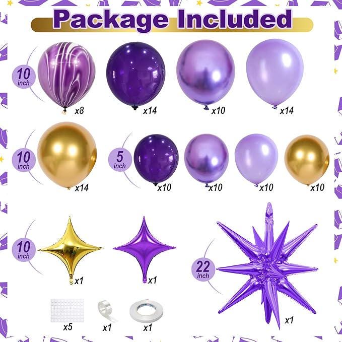 Purple Balloon Arch Kit 110 Pcs Purple Gold Metallic Star Balloons Party Decor
