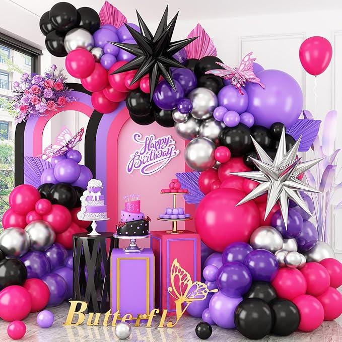 Hot Pink Purple Balloon Arch Kit Black Star Foil Balloons Party Decor