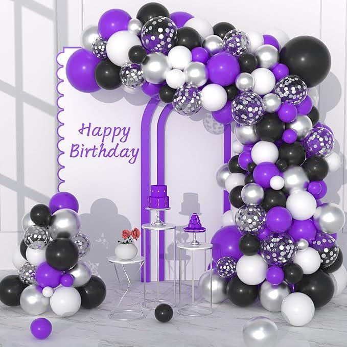 Purple Black Balloon Arch Kit 127pcs White Silver Confetti Balloons Party Decorations