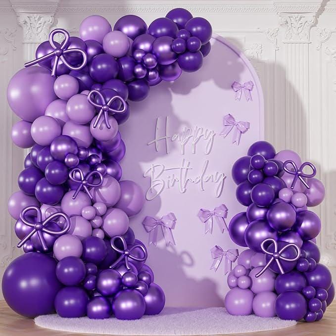 Purple Balloon Garland Arch Kit Macaron Metallic Dark Purple Bow Balloons Party Decorations