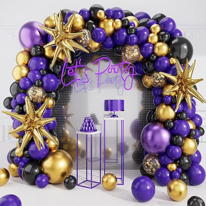 Purple Black Balloon Arch Kit 127pcs Metallic Gold Star Party Decorations