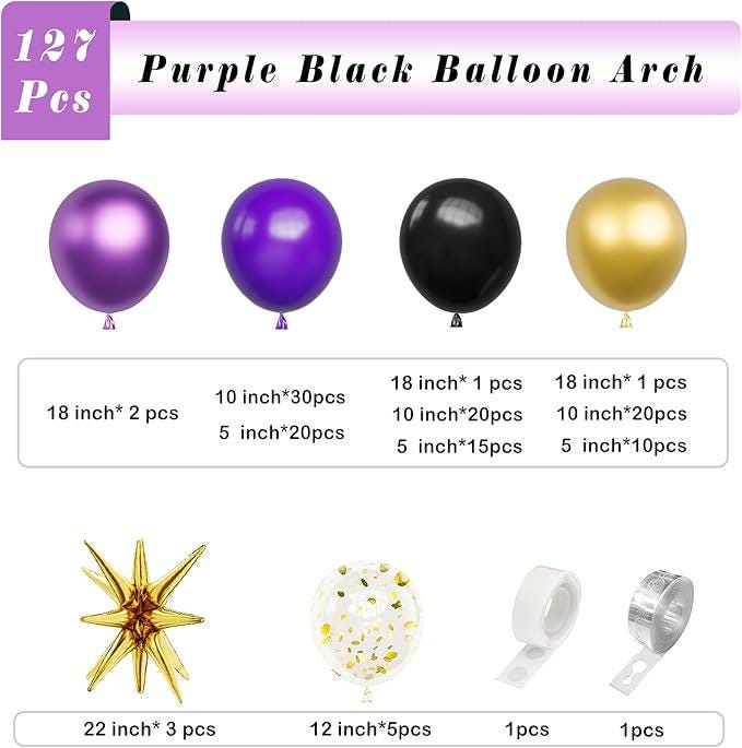 Purple Black Balloon Arch Kit 127pcs Metallic Gold Star Party Decorations