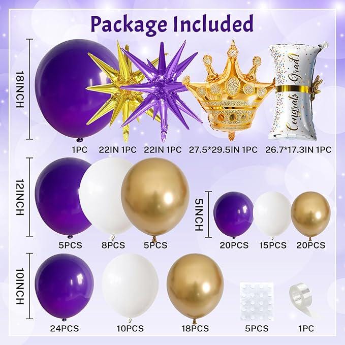 Graduation Balloon Arch Kit 135pcs Purple Gold White Star Party Decorations