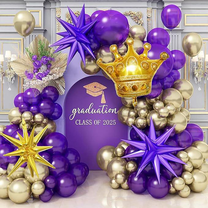 Graduation Balloon Arch Kit 135pcs Purple Gold White Star Party Decorations
