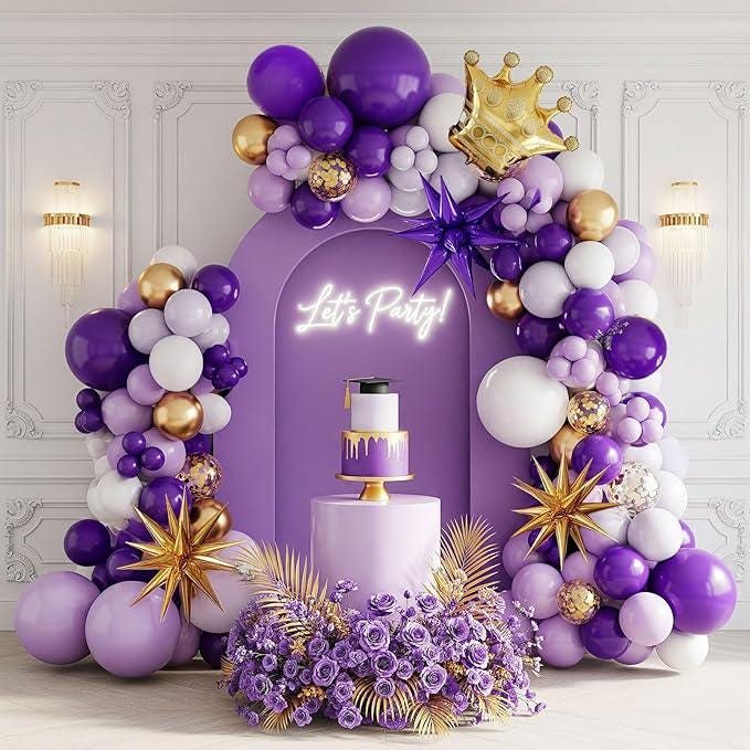 Royal Purple Gold White Balloon Garland Kit 126pcs Starburst Crown Party Decorations