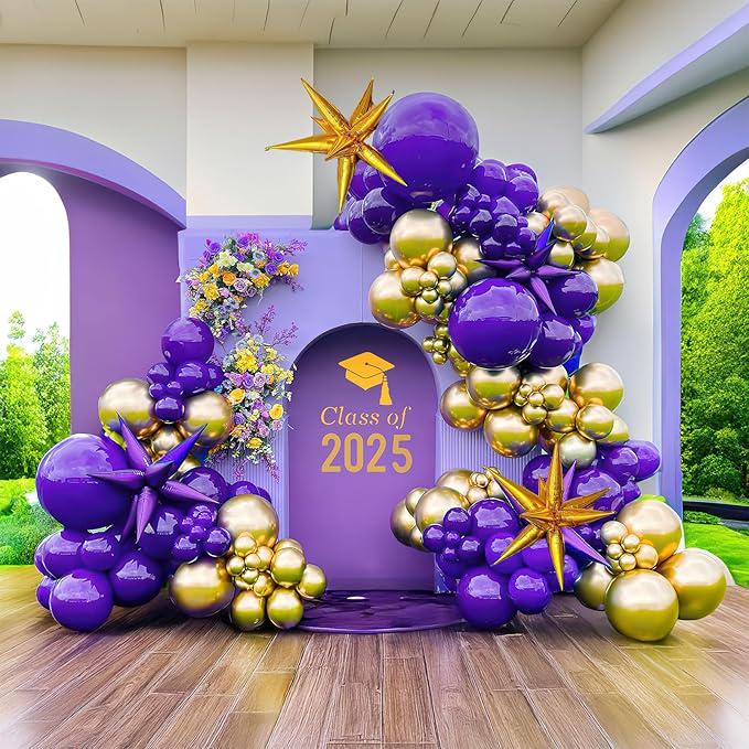 Purple and Gold Balloon Garland Kit: Star Balloons, Party Decor