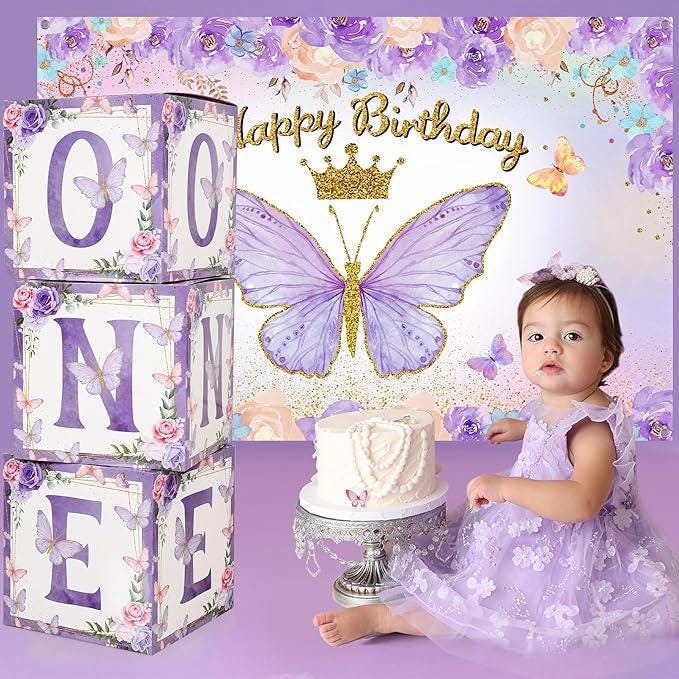 Purple Butterfly First Birthday Balloon Arch Kit with Backdrop for Girl Party