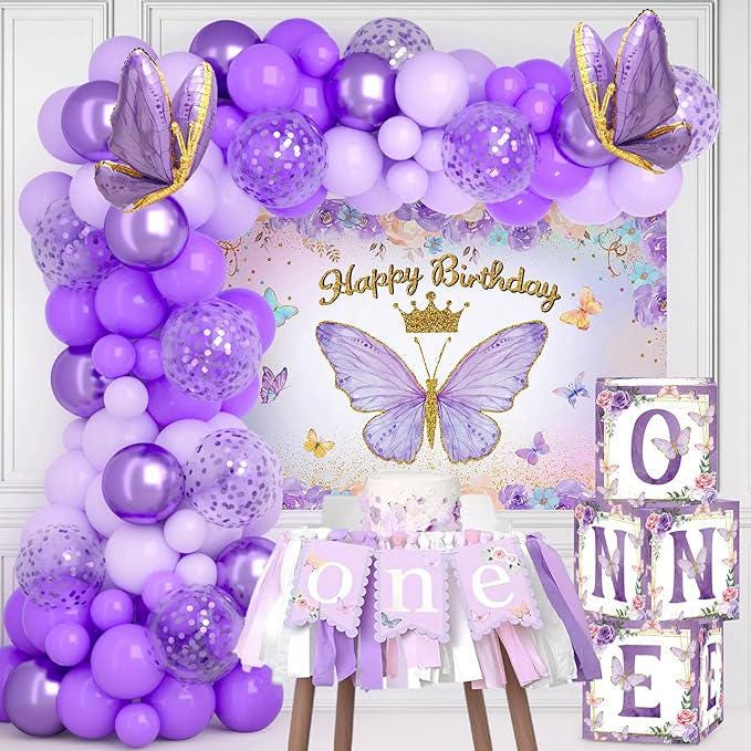 Purple Butterfly First Birthday Balloon Arch Kit with Backdrop for Girl Party