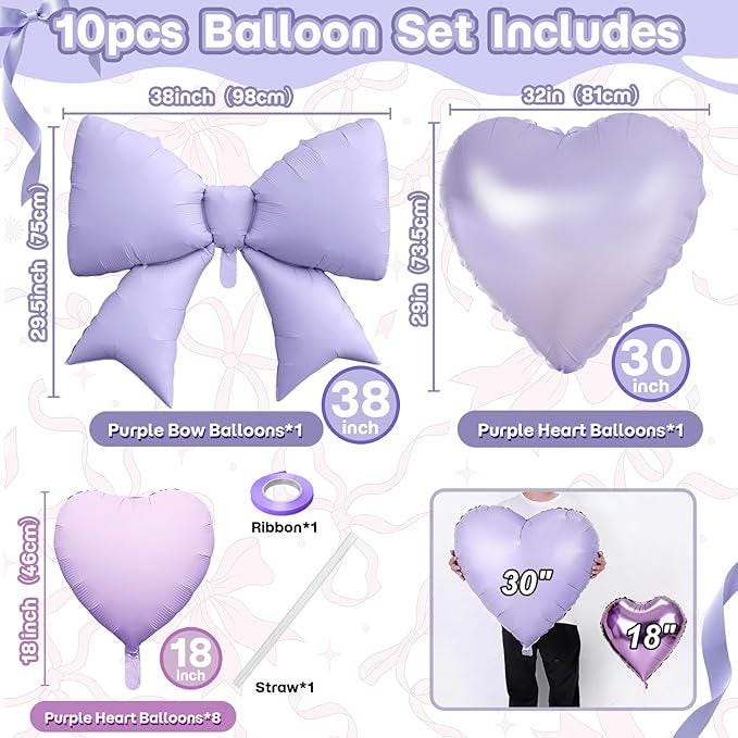 Lavender Heart & Bow Balloons: 10-Piece Foil Balloon Set